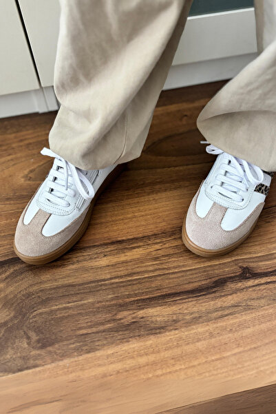 kids A more Madrid Girl's Genuine Leather Leopard Pattern Detailed White Casual Shoes