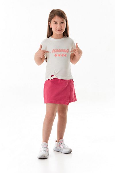 Fulla Moda Hawaiian Text Printed Ribbed Side Drawstring Girl's T-Shirt