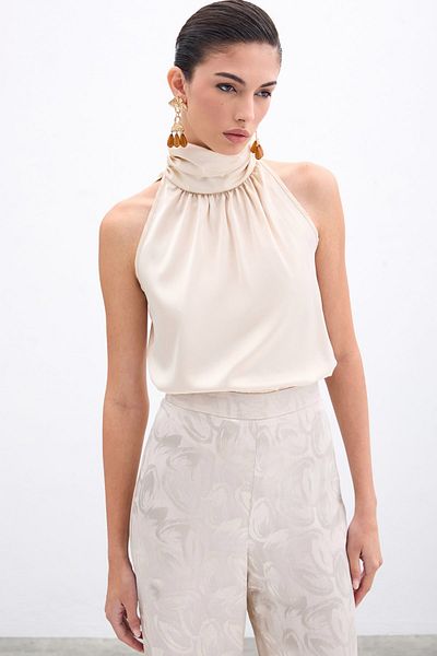 Sateen Turtleneck Tank Top - Beige