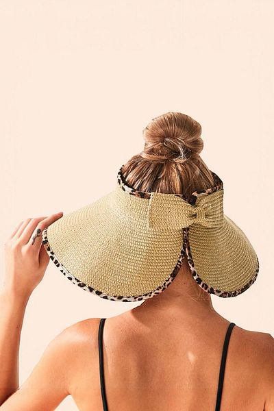 BAHELS Imported Beige Leopard Bow Folding Sunscreen Straw Visor Hat