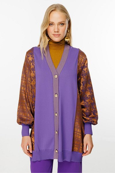 Ghisa Camel Colored Purple Square Pattern Rib Cardigan