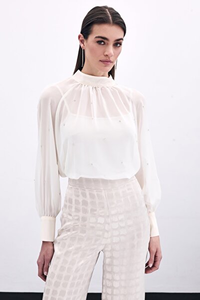 Sateen Διάφανη Μπλούζα - Πέτρινη, Χρώμα Κρέμα