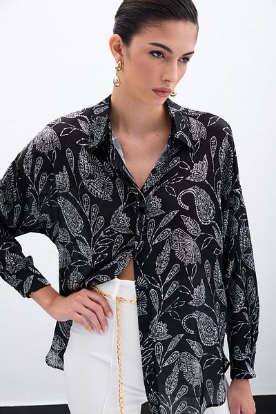 Sateen قميص ستان منقوش - أسود
