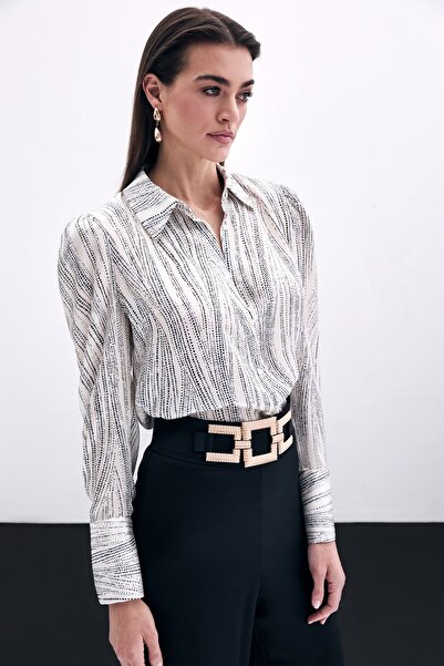 Sateen Wide Cuff Shirt - Ecru-Black