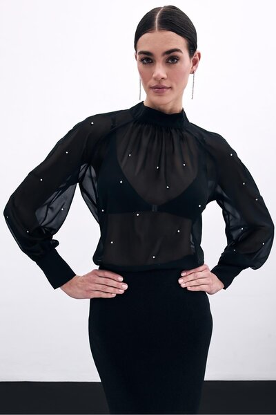 Sateen Taş Işlemeli Şifon Bluz Siyah