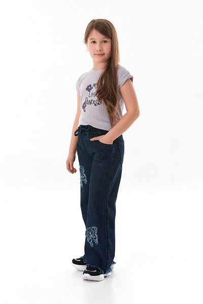 Fulla Moda Pantaloni Palazzo pentru fete, 100% bumbac, brodați cu fluturi, cu ciucuri