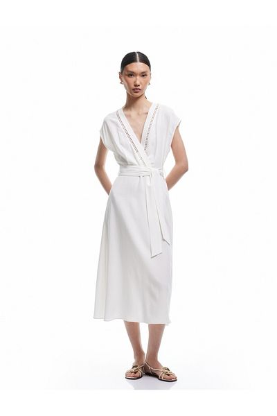 Koton Viscose - Linen Blended Midi Sleeveless Double Breasted Dress with Belt Detail