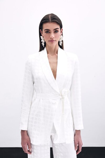 Sateen Куртка з поясом у вигляді квадратного візерунка - Екрю