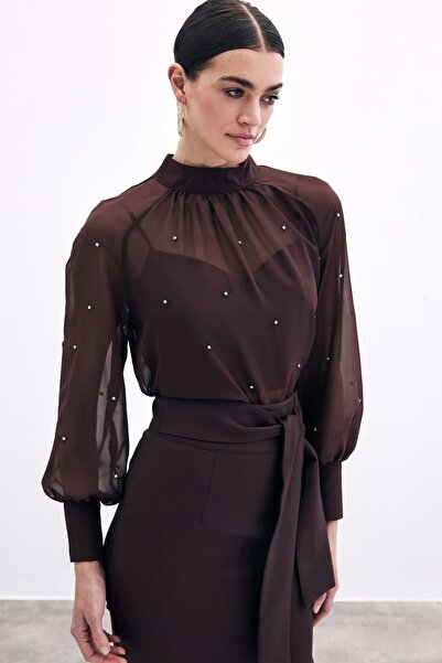 Sateen Stone Detailed Transparent Blouse, Cafe Sleeve Pond