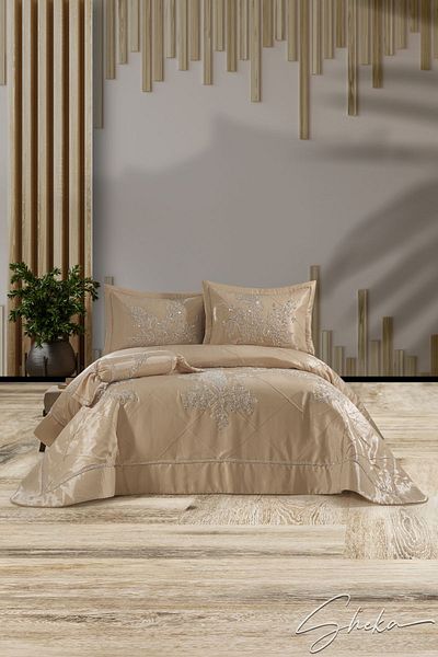 SHEKA Crystal Stone Hand Embroidered Monoral Fabric Bedspread Set – Cappuccino - Ahsen 1