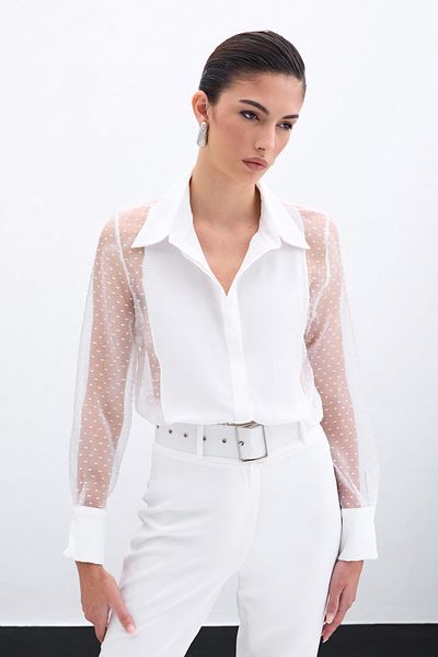 Sateen Cămașă cu detalii din organza - Ecru