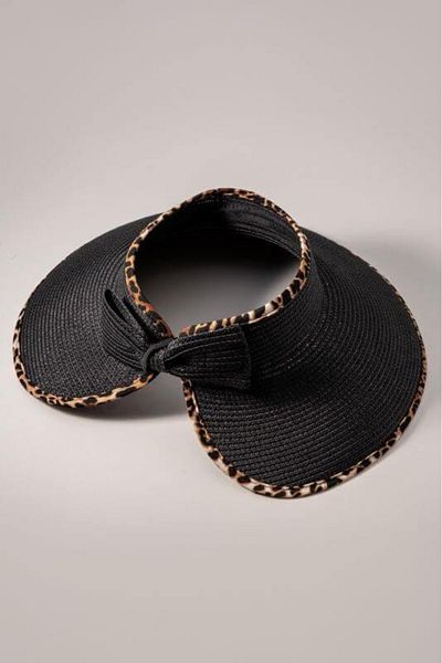 BAHELS Imported Black Leopard Bow Folding Sunscreen Straw Visor Hat
