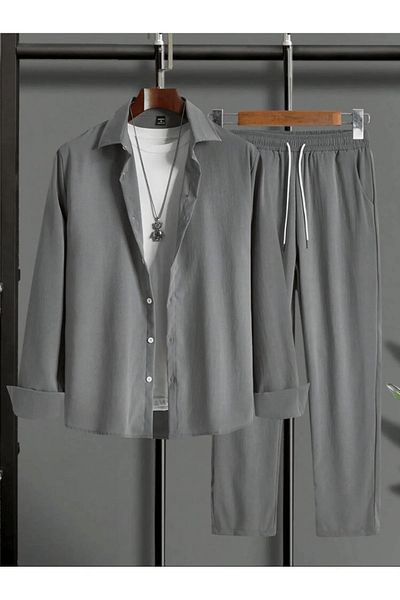 Combineman35 Women's Men's Summer Linen Crinkle Fabric Long Sleeve Shirt 2 Piece Wrap Set