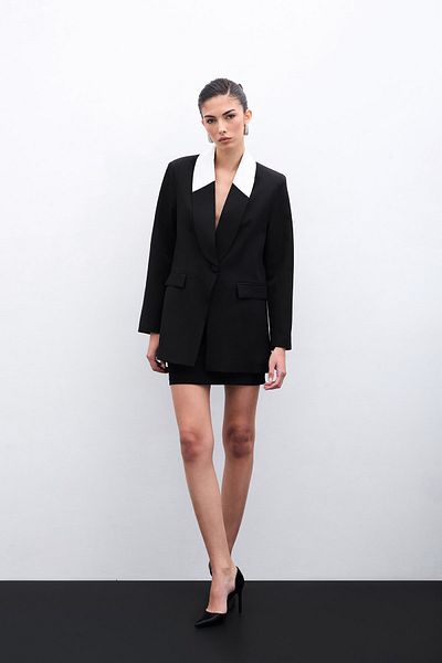 Sateen Contrast Long Jacket - Black