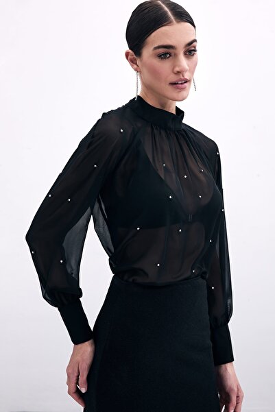 Sateen Taş Işlemeli Şifon Bluz Siyah