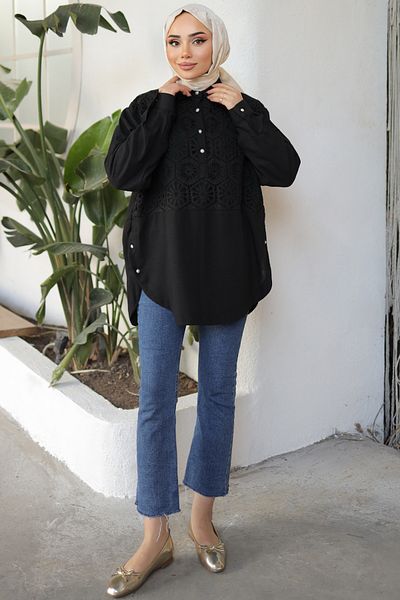 giyze Patterned Pearl Buttoned Shirt Black 61640