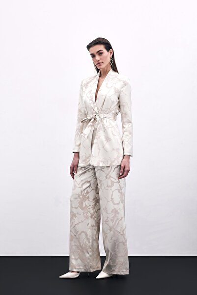 Sateen Colorful Jacquard Trousers - Beige