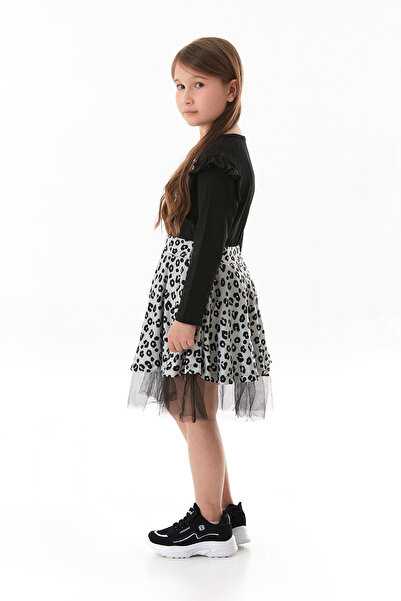 Fulla Moda Leopar Desenli Fiyonklu Tüllü Kız Çocuk Elbise