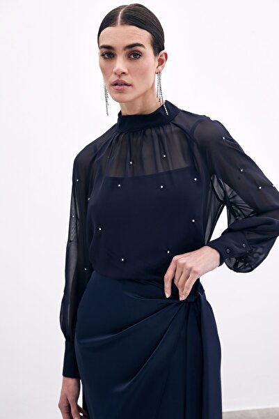Sateen Прозора блуза з каменями - темно-синя