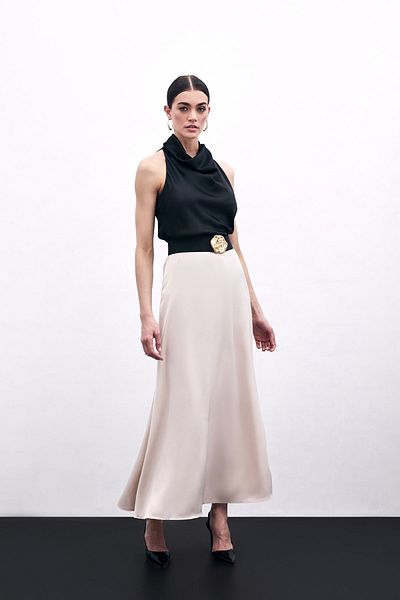 Sateen Long Satin Skirt - Beige