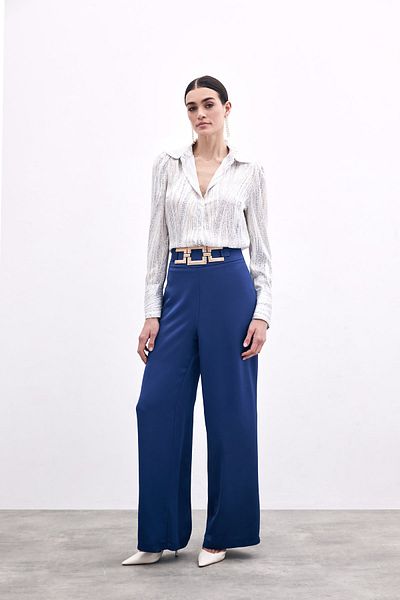 Sateen Pantaloni din crepon satinat cu centură în talie - bleumarin