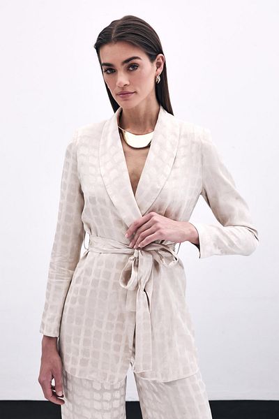 Sateen Jachetă cu model pătrat cu curea - Bej