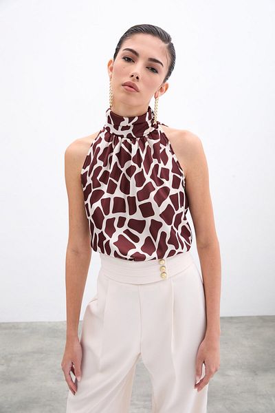 Sateen Beige-Brown High Neck Tank Top