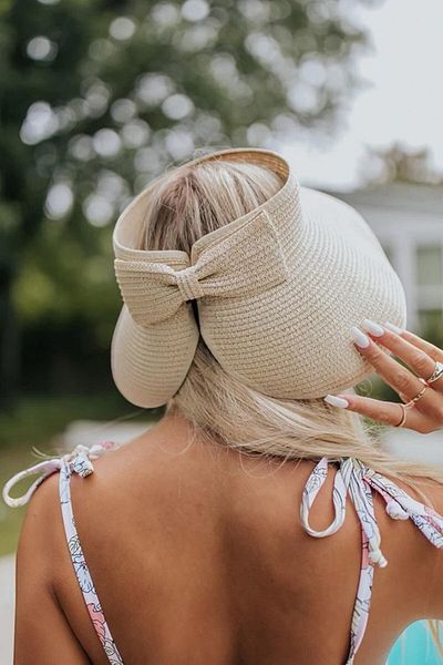 BAHELS Imported Beige Bow Folding Sunscreen Straw Visor Hat