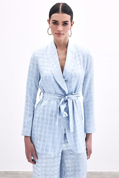 Sateen Jachetă cu model pătrat cu curea - Baby Blue