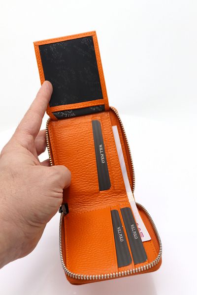 willpolo Wp781 Genuine Leather Zipper Wallet Zipper Closure Orange Unisex Leather Wallet