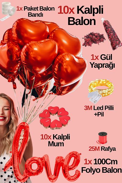 Baloncu Dede 10 Pieces Foil Heart Balloon Love Written Balloon 10 Heart Candle Helium Compatible Special Day Anniversary Dear