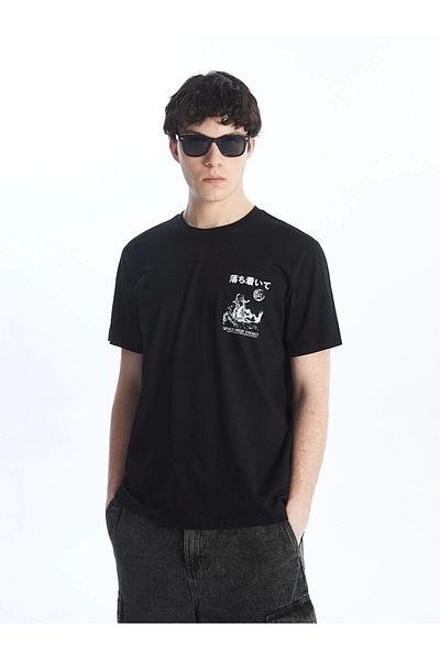 LC Waikiki Ανδρικό μπλουζάκι LCW Casual BLACK Crew λαιμόκοψη με κοντό μανίκι με στάμπα από χτενισμένο βαμβάκι
