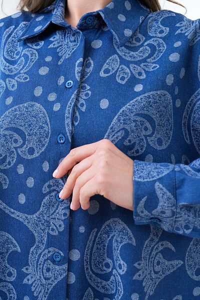 minaaise Cămașă de blugi oversize, albastră, jacquard, cu model propriu, 29134