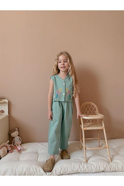 WİKİBOOM Girl's Flower Detailed Top and Bottom Set