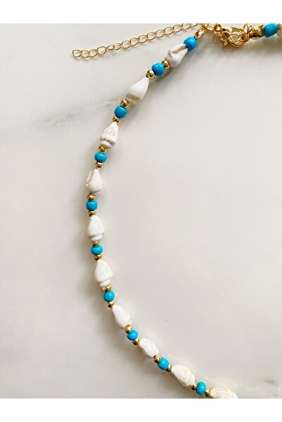 Chillin' Sea Shell Gold and Blue Bead Detailed 45 cm Women's Necklace
