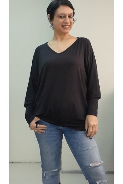 Mertcan Butik Black Cuff on the Sleeve and Hem Cuff V-Neck Bat Sleeve Long Sleeve Combed Viscose T-Shirt