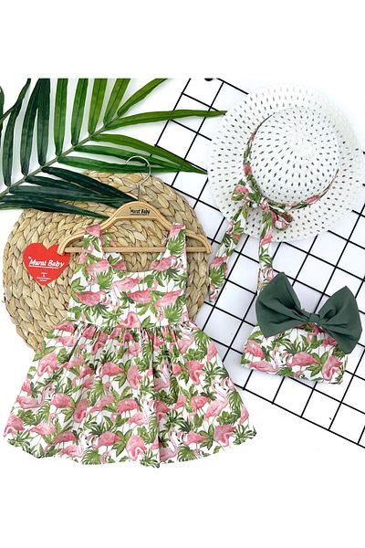 Masal Dünyası Bursa Flamingo Patterned Hat Baby Girl Dress 6-24 Months