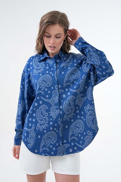 minaaise Cămașă de blugi oversize, albastră, jacquard, cu model propriu, 29134