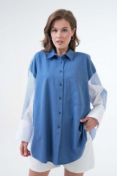 minaaise Cămașă de damă cu design supradimensionat, cu blugi albaștri și garnitură din pânză în dungi 29068