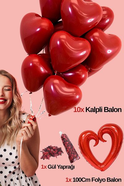 Baloncu Dede 10Pcs Heart Balloon 1Pcs Large Heart Balloon Dry Rose Petals Valentine's Day