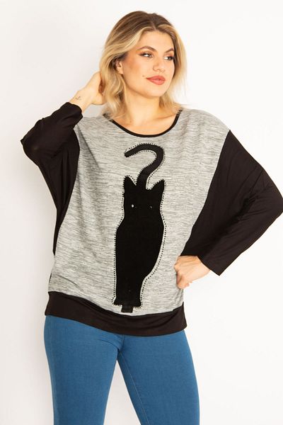 Şans Large Size Women's Tunic, Cat Figure and Stone Detail 2 Color 65N38945