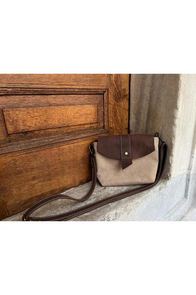 pruvadesign Hakiki Deri Detaylı Kanvas Askılı Çanta - Vintage Tasarım