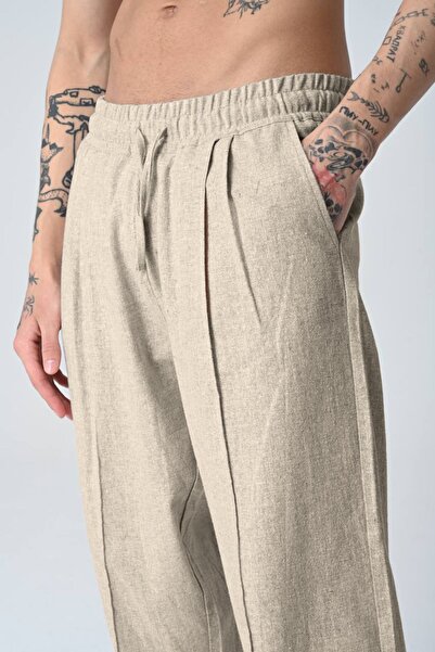 İMVAGO Krem Baggy Pileli Keten Pantolon