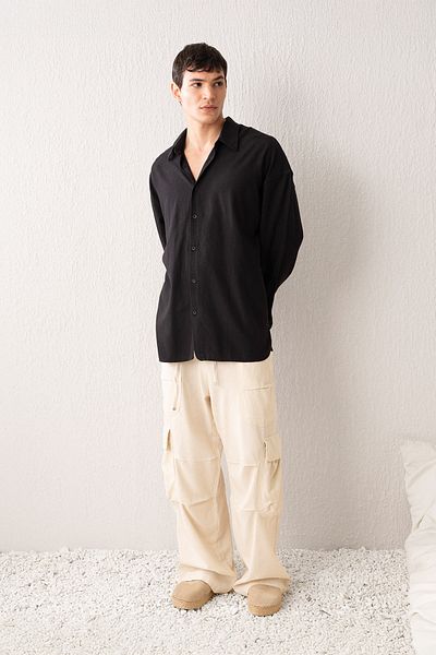 GIESTO Draped Linen Black Shirt