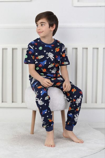 bunny hopp Costum de pijama de vară cu mânecă scurtă pentru băiat, 100% bumbac - tematică planetă și spațiu