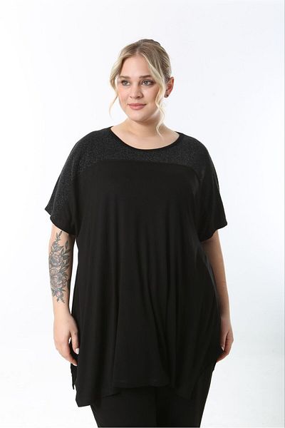 Butik Nilyam Women's Large Size Crew Neck Shoulder Sim Detailed Stretchy Blouse 24735 Black