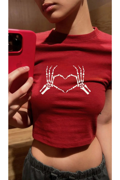 Bravebell Tricou roșu pentru femei cu model de schelet care face inimă