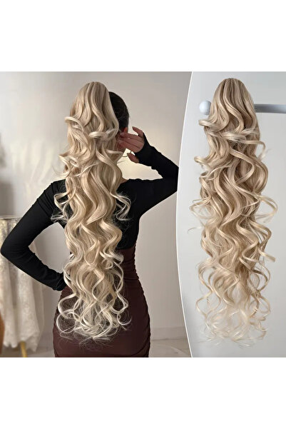 AKOLİFE Küllü Sarı Ekstra Uzun Tokalı Dalgalı At Kuyruğu Postiş Takma Saç - G...