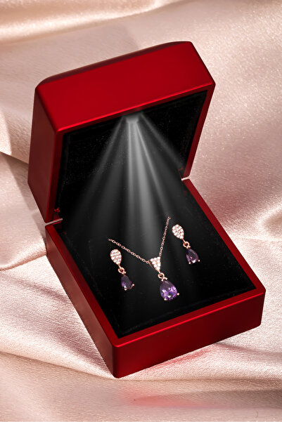 Miavi Silver Işıklı Kutuda 925 Ayar Gümüş Ametist Taşlı Damla Kolye Küpe Set