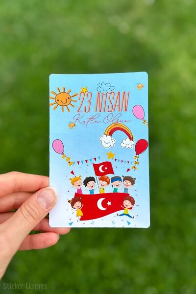 Sticker Ekspres 23 Nisan Temalı 12 Adet 14x9 Cm Tebrik Bileklik Not Hediye Ka...